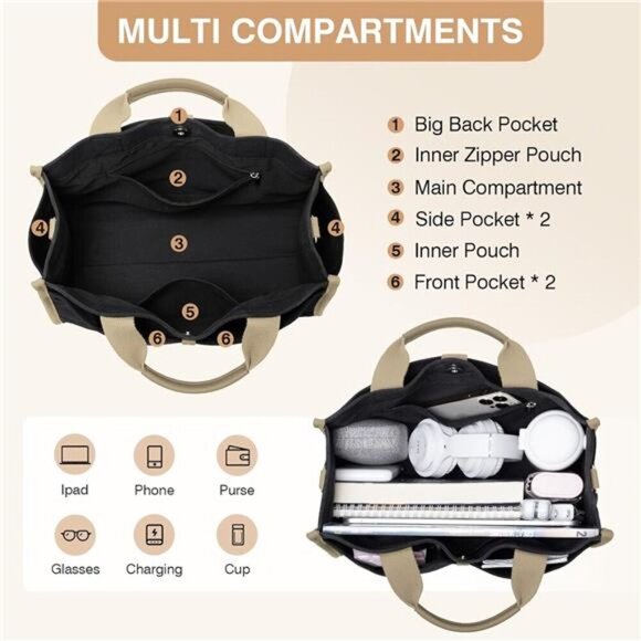 Canvas Tote Bag for Women Black - Picture 4 of 7